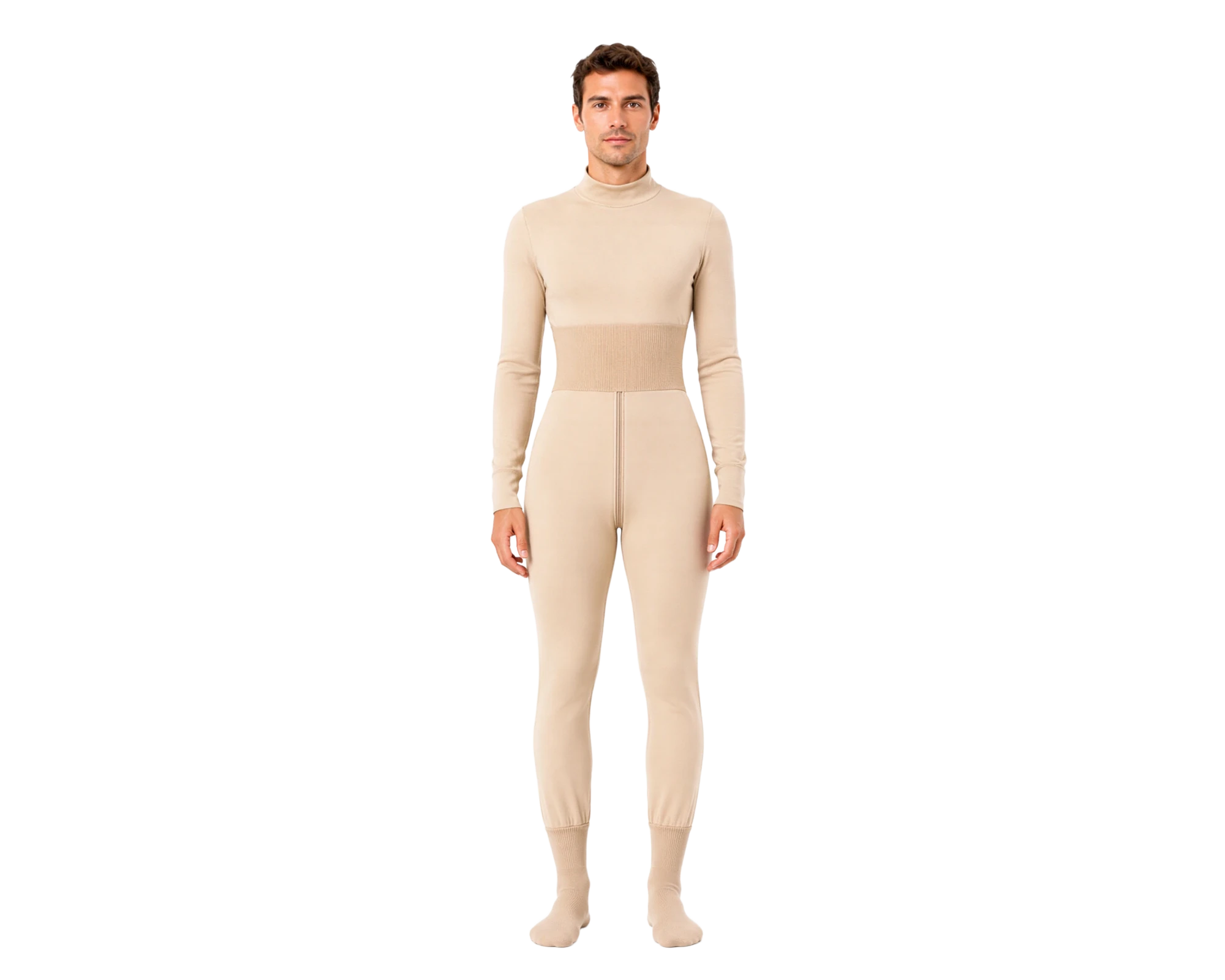 Men’s Harmony Home garment in warm ivory, shown front and rear
