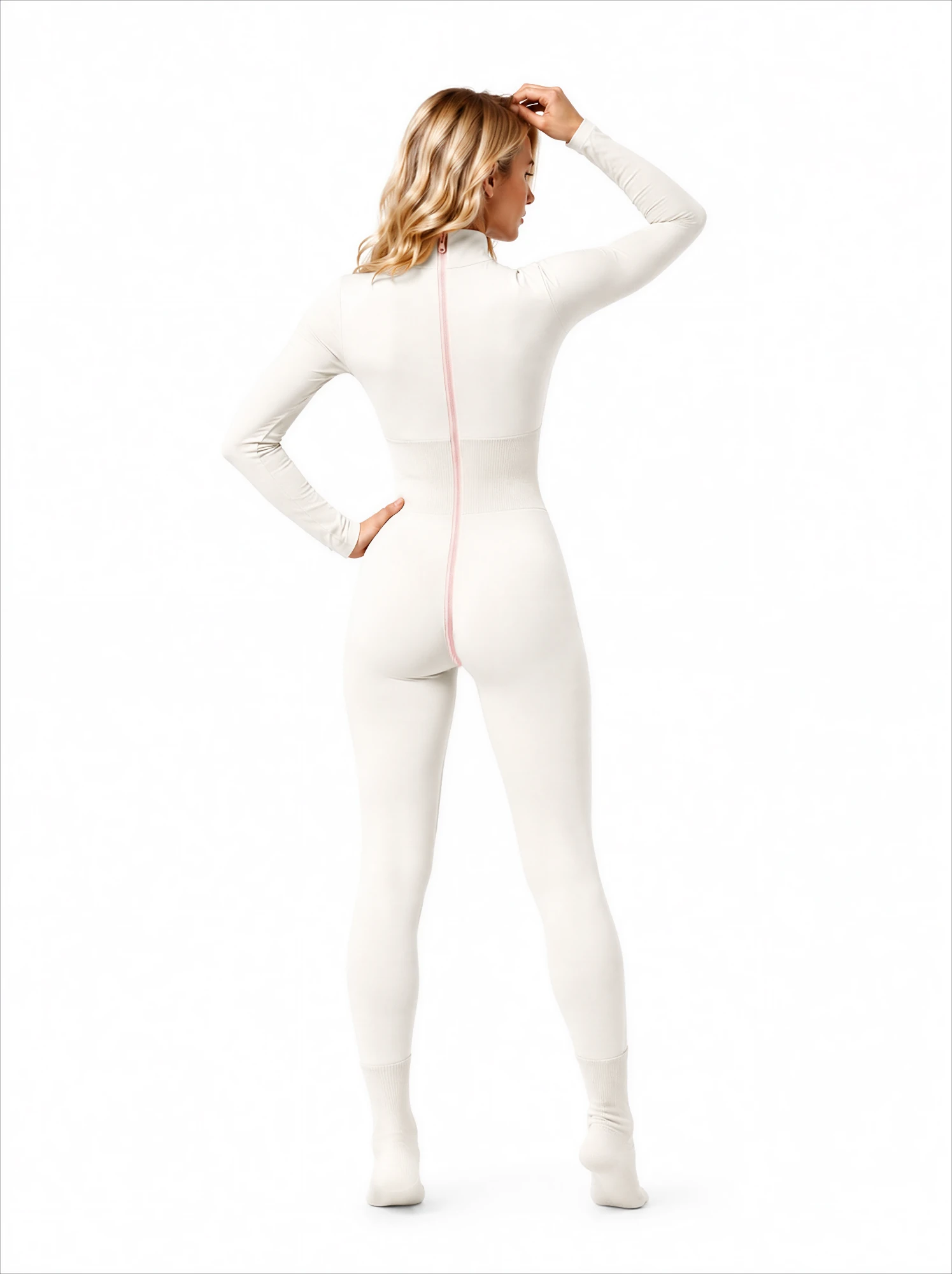 woman in offwhite homesuit backview