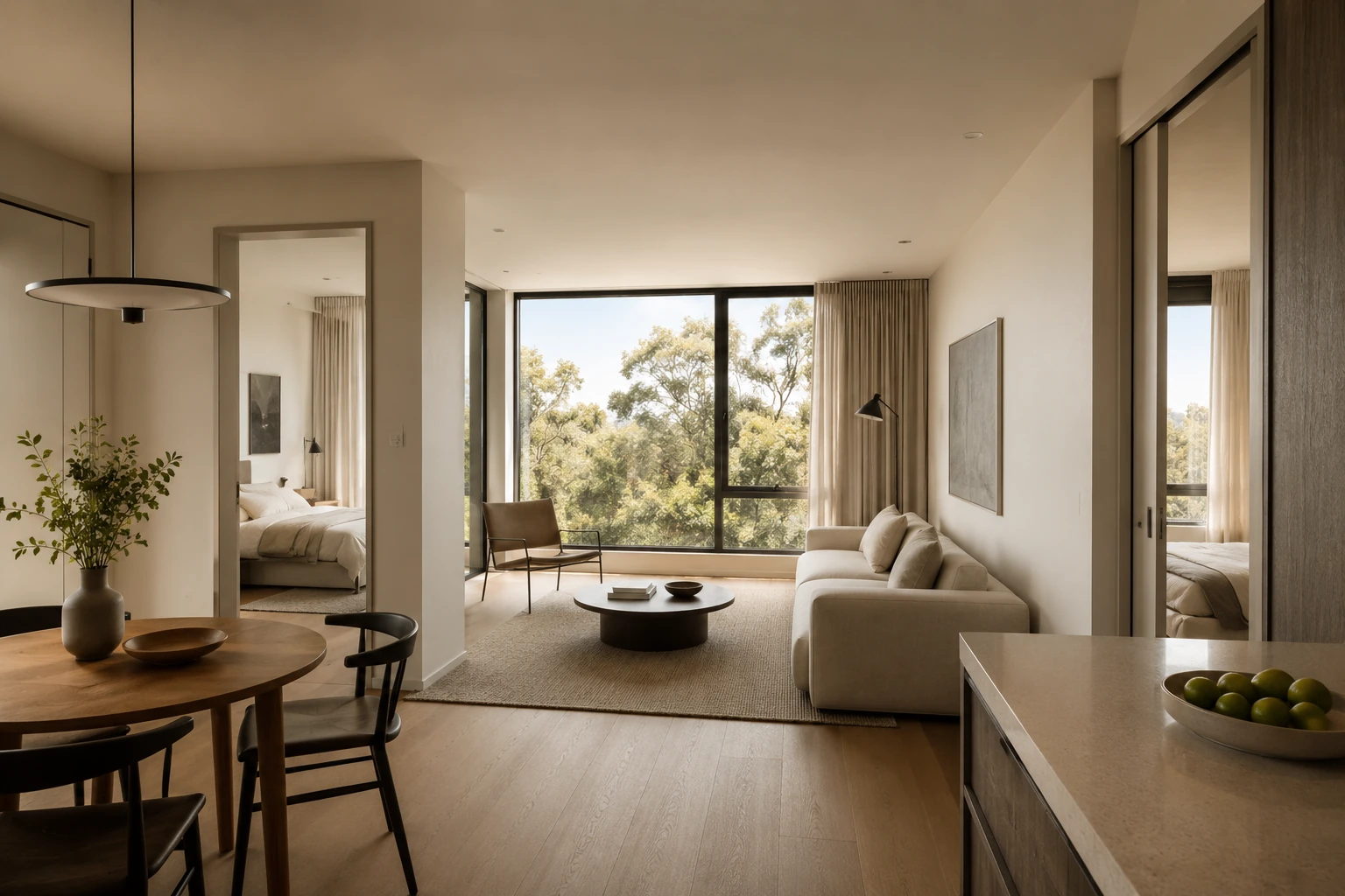 Refined two-bedroom apartment with a warm, contemporary interior