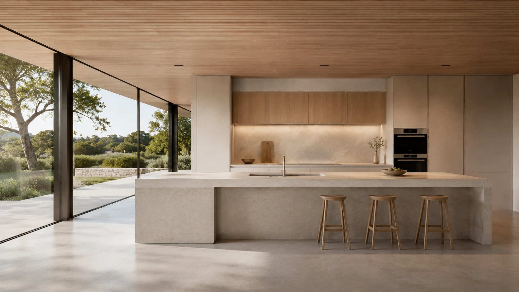 Contemporary kitchen opening into a comfortable residential living space
