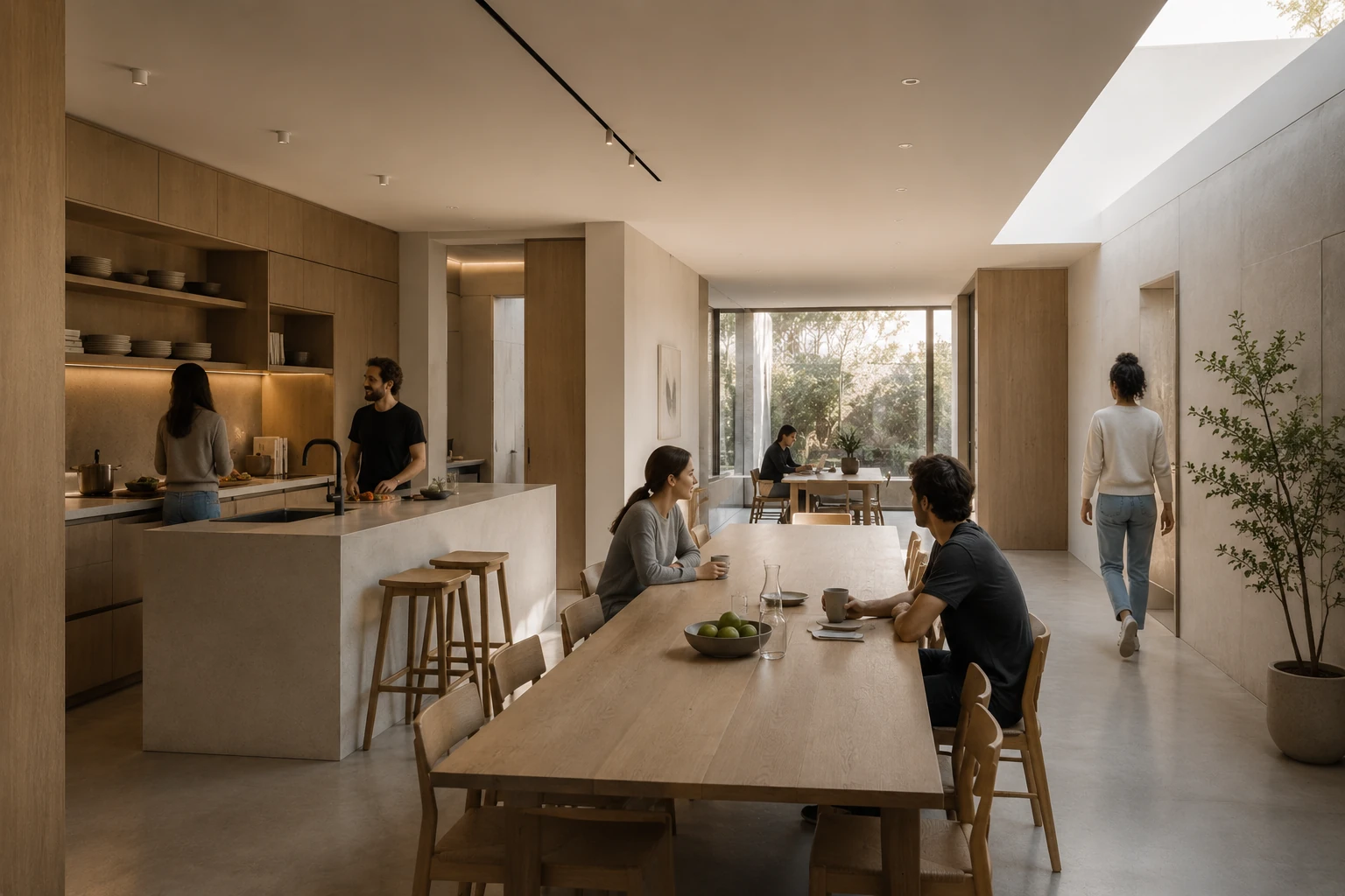 Residents cooking and talking together in a large shared kitchen