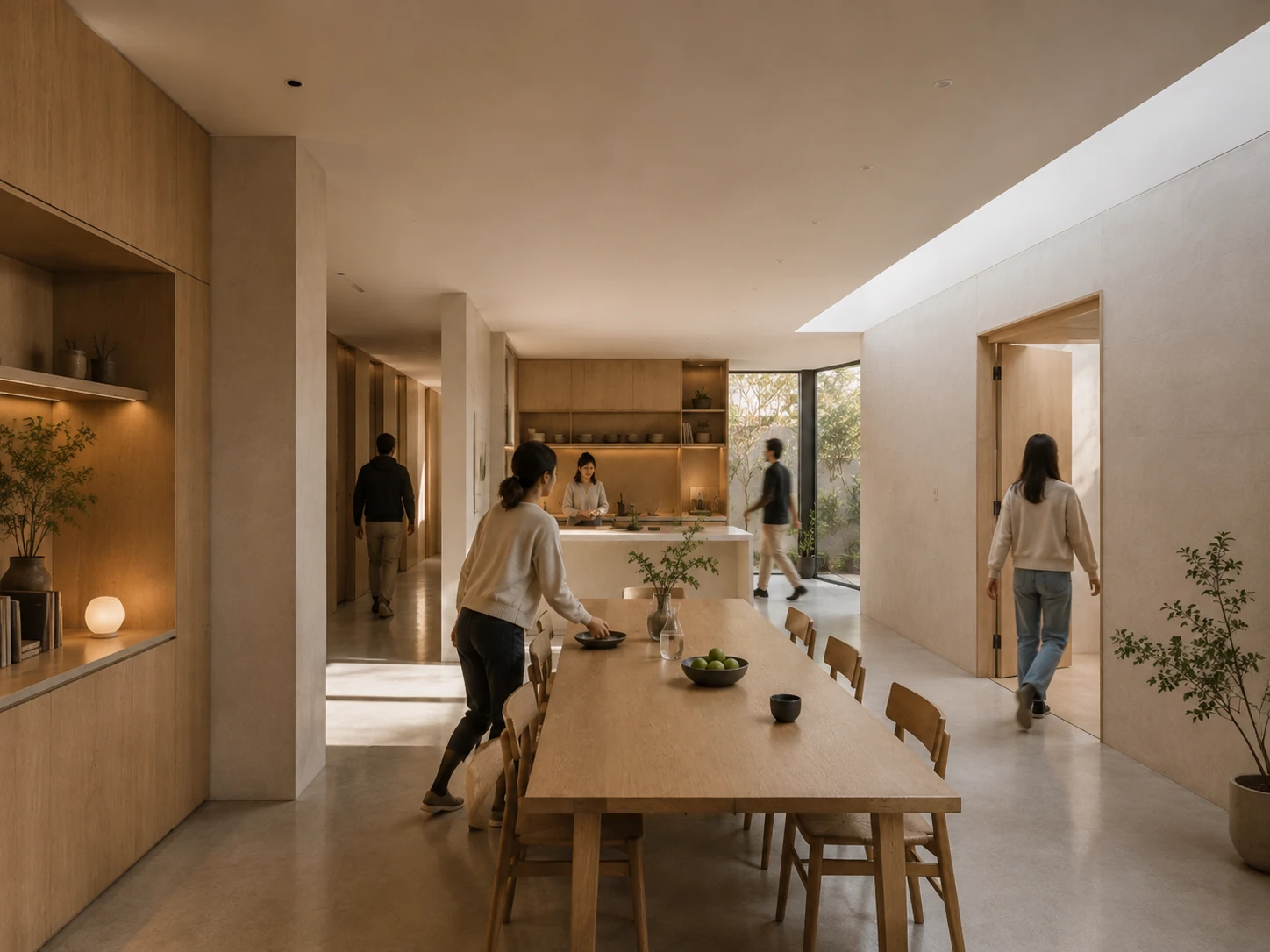 Residents moving through a shared architectural space