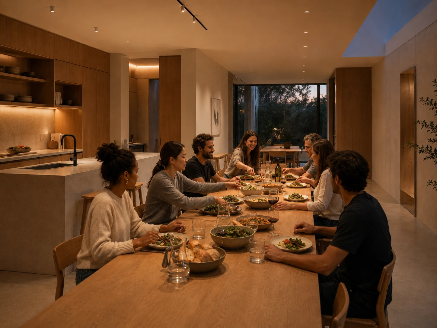 Residents gathered around a long dining table for an informal evening meal