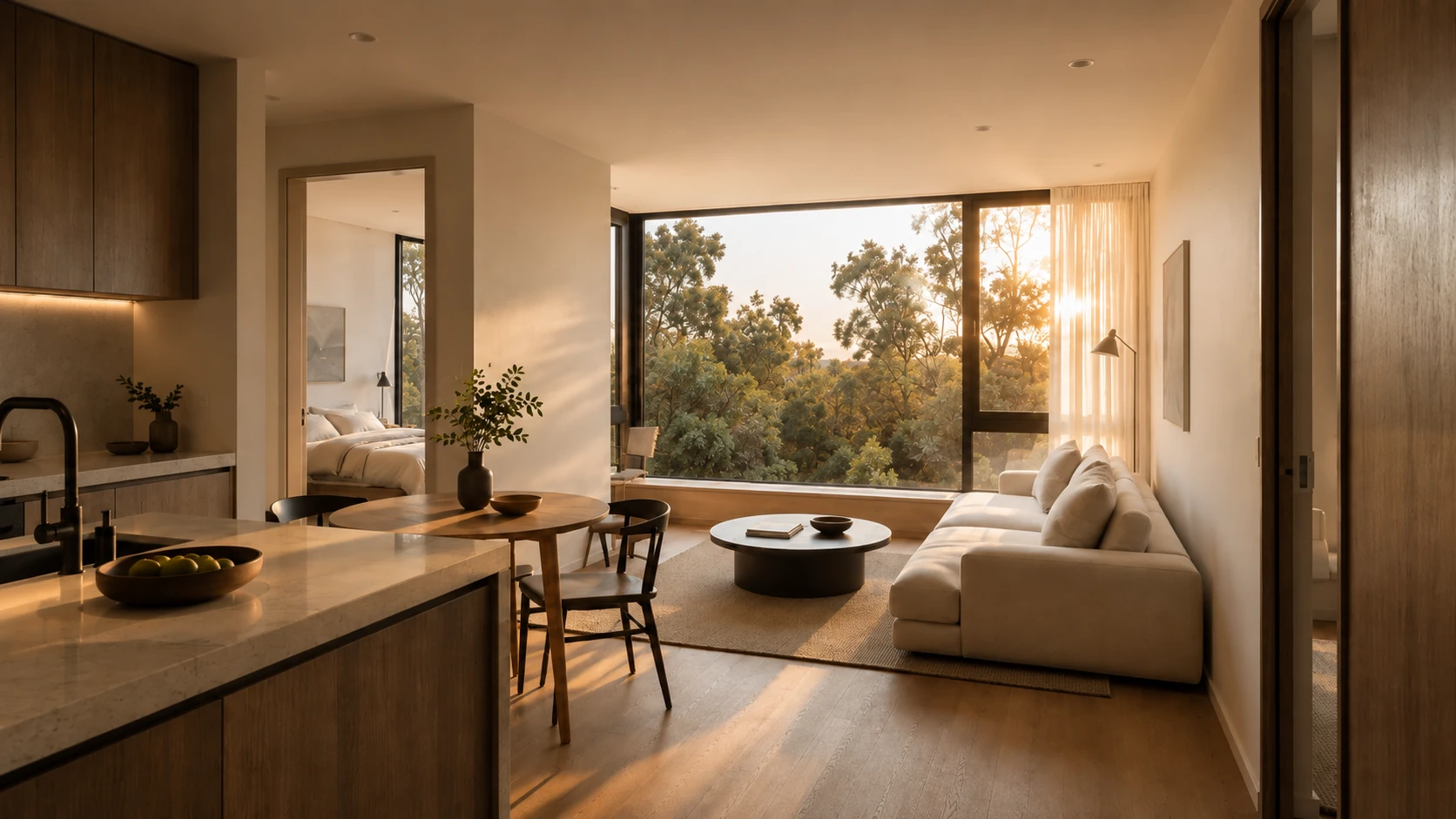 Warm natural sunlight moving through a contemporary apartment