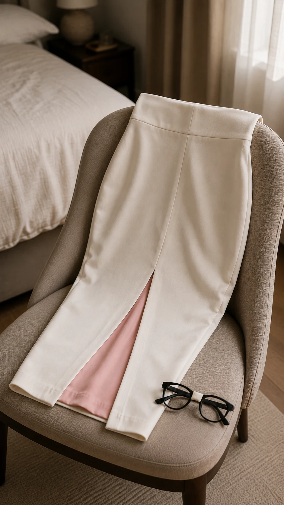 The Harmony Pencil skirt draped over a chair, a pair of librarian glasses next to it as a funny detail from Lisa.