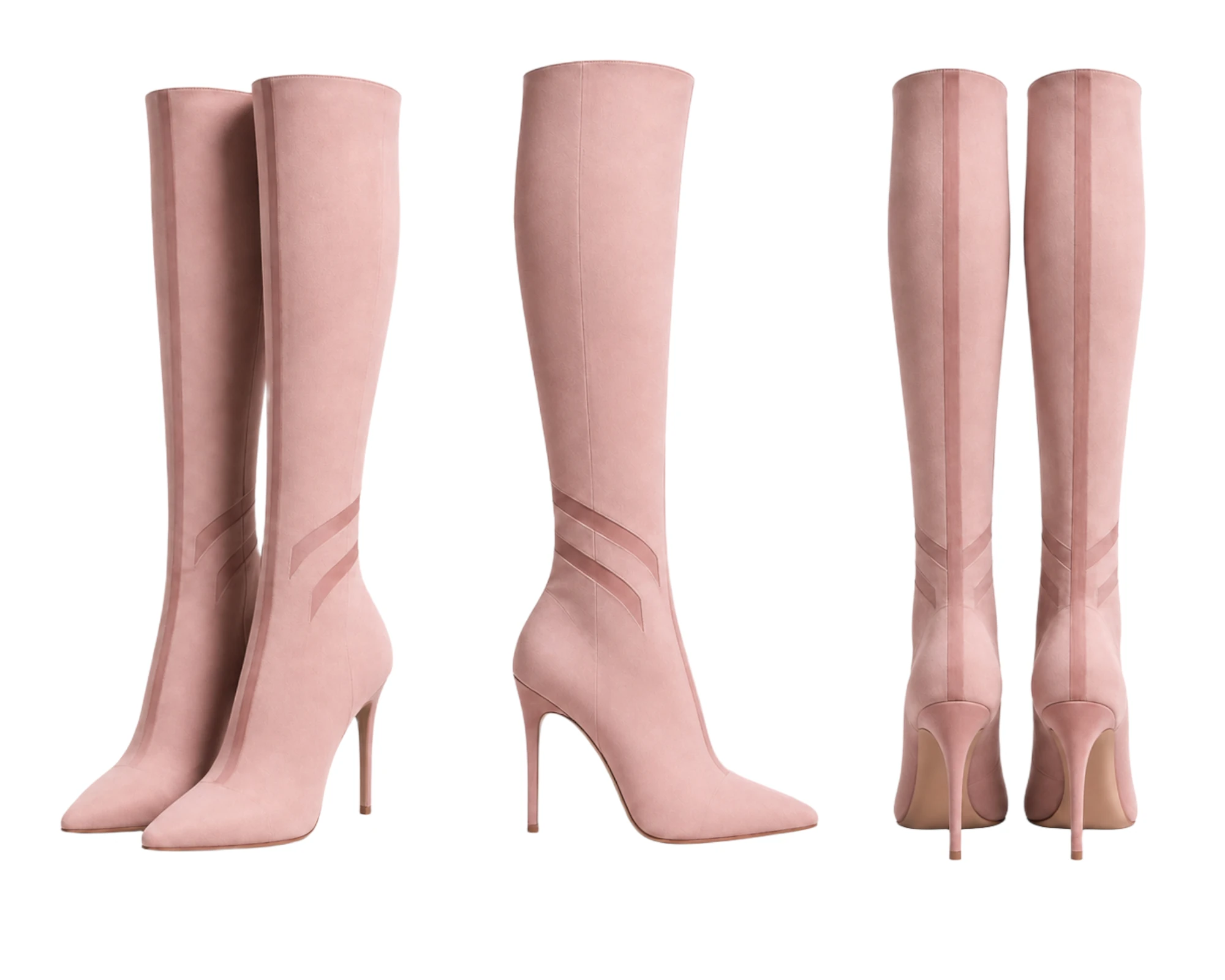 Pink high structured boots shown from front, side and rear