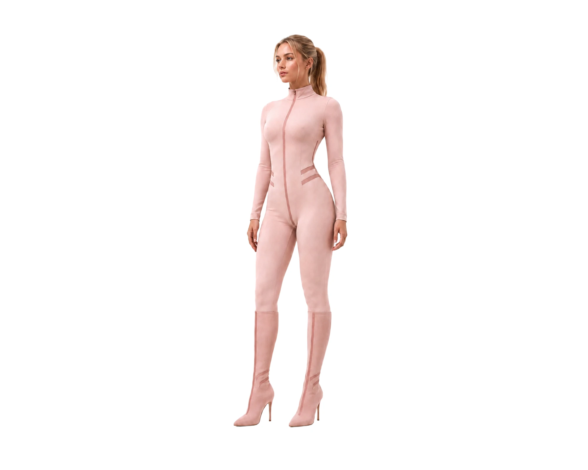 Model wearing the complete pink GRACE experimental clothing system