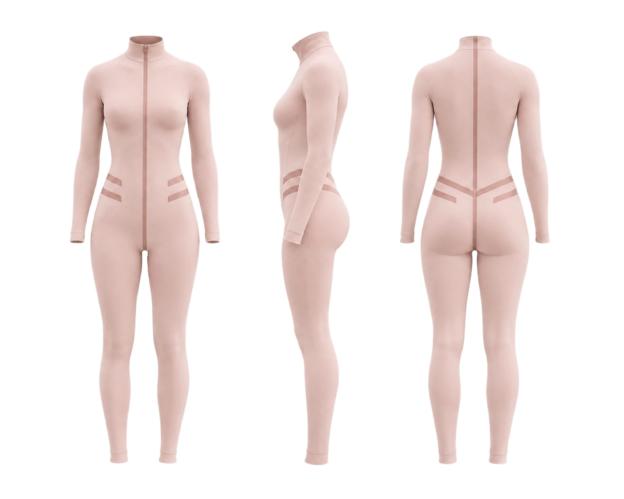 Pink continuous second-skin base layer shown from front, side and rear