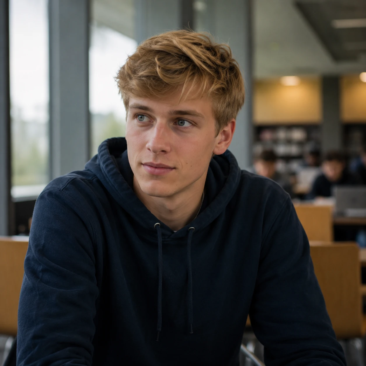 Portrait of Alex Carter, a blond twenty-year-old university student wearing a dark hoodie and sitting in a campus library.