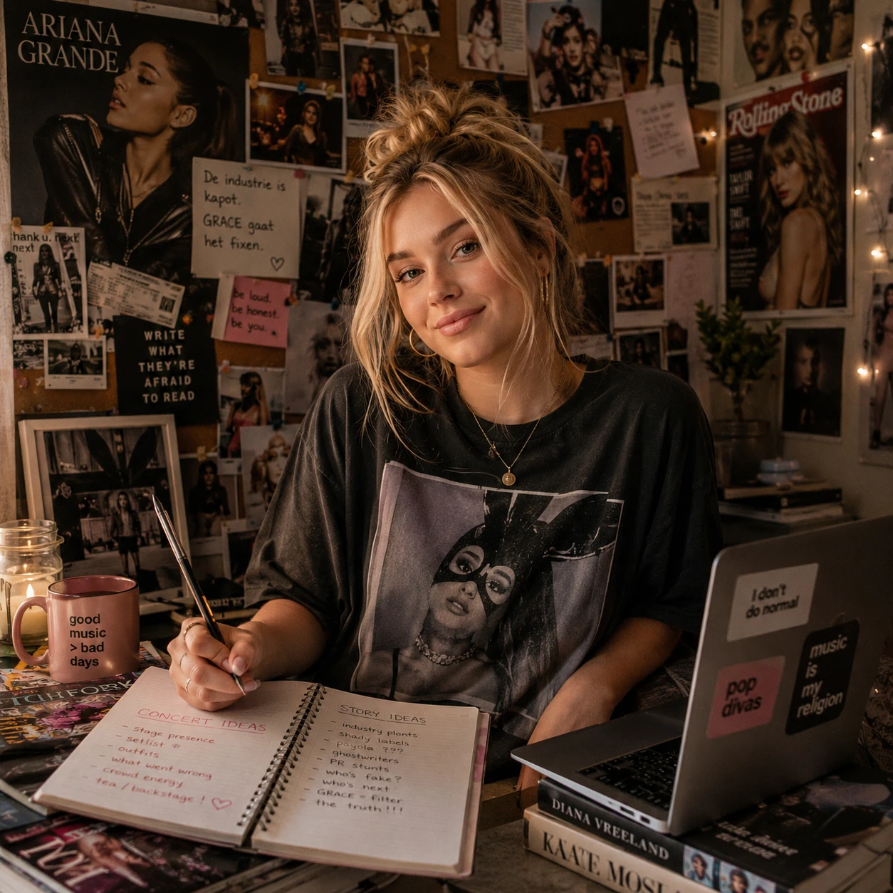 Brenda in her dorm room writing an article