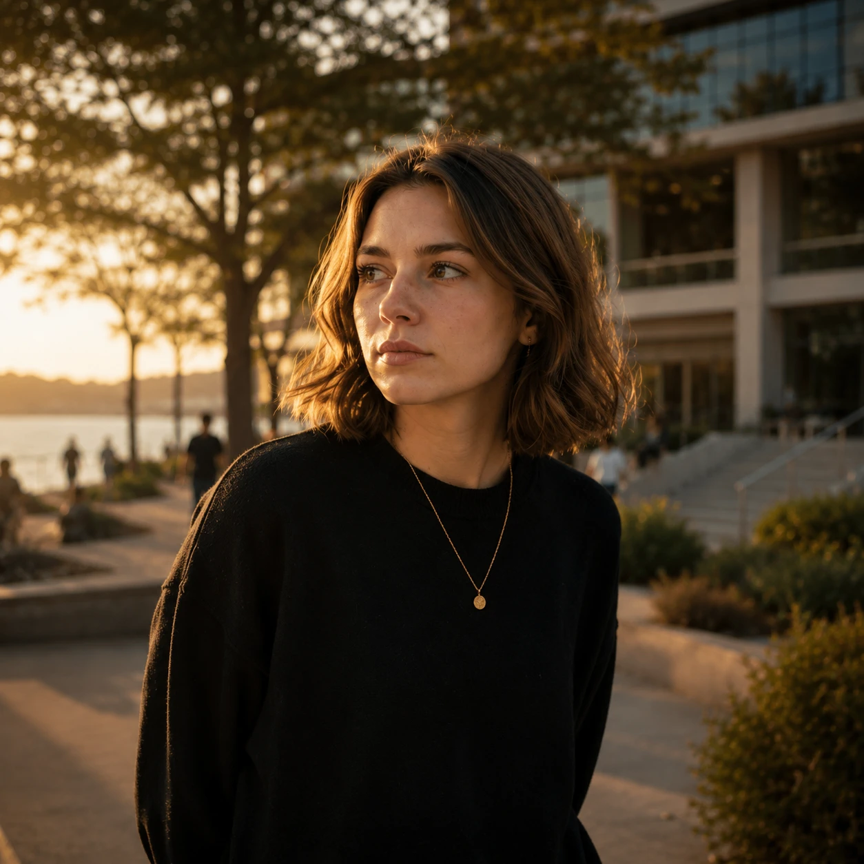 Elena on campus in a black sweater, staring in the distance