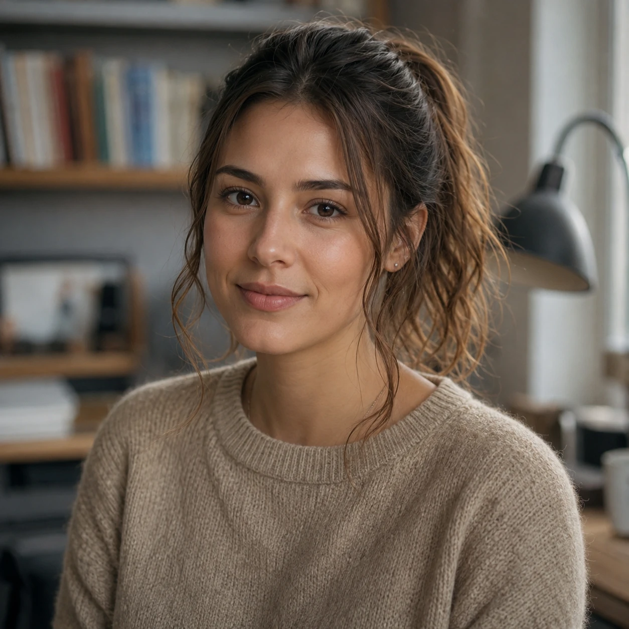 emilys image, taken in her bedroom, brown woolen sweater faint smile