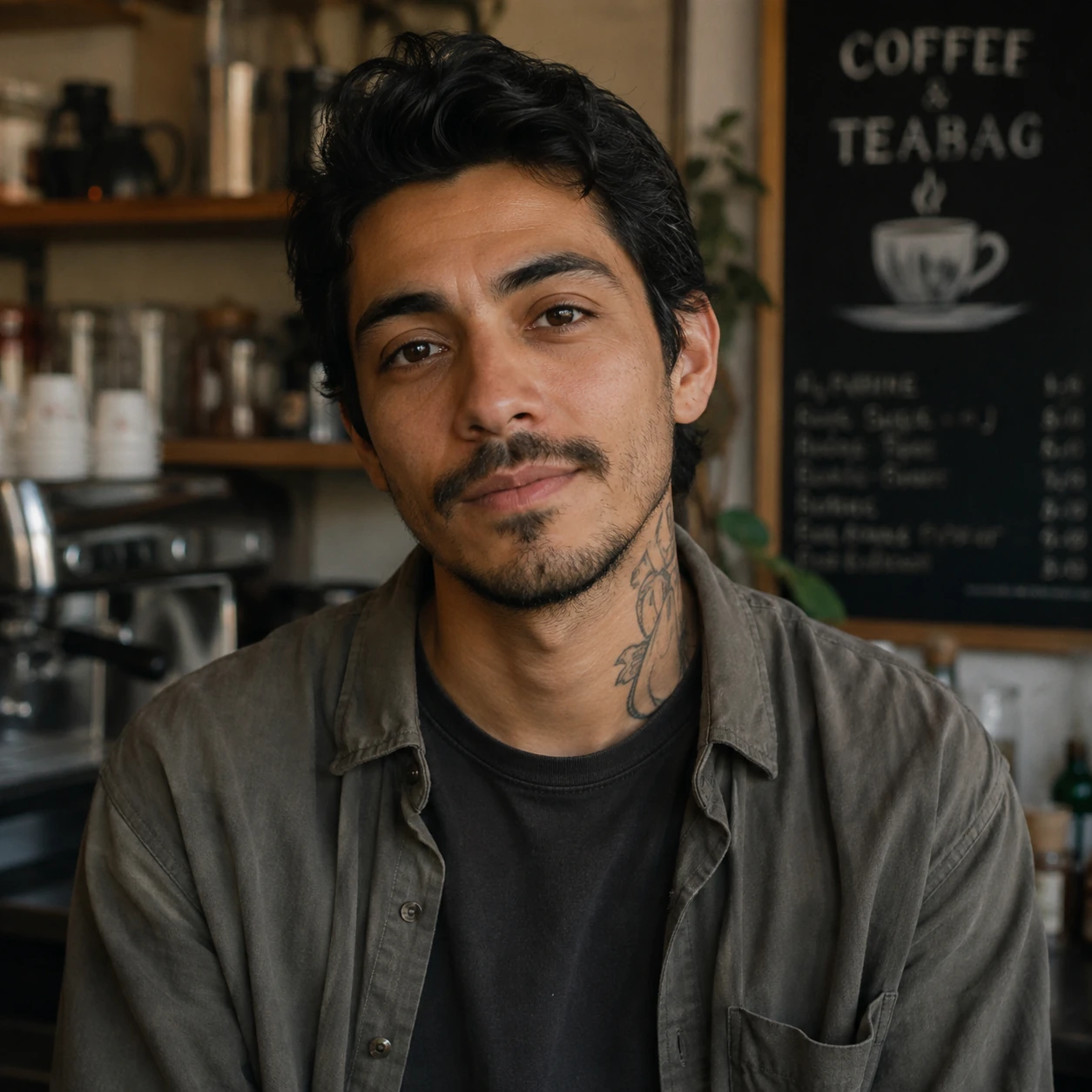 Leo martinez, looking in the camera in at the coffeehouse where he works.