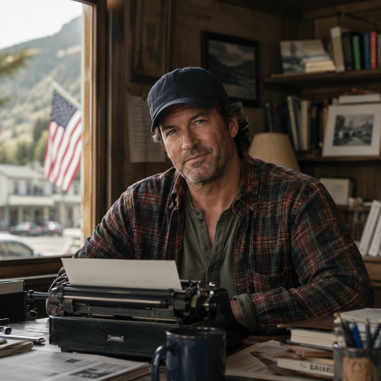 Marcel sitting behind his desk with an old typewriter.