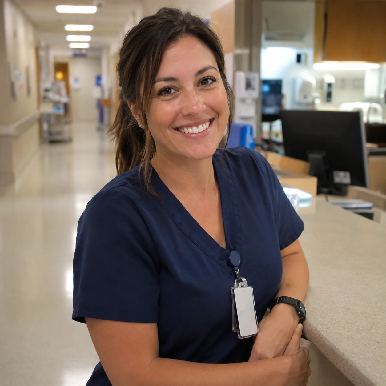 Smiling 34-year-old brown-haired woman in navy scrubs standing near a hospital nurses’ station.