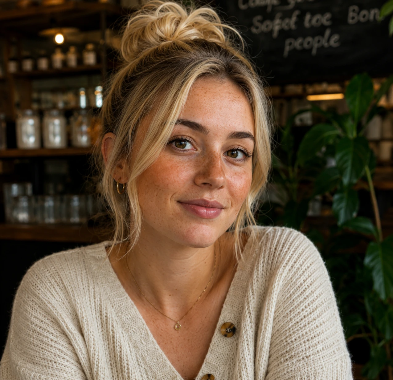 profile image of nina, a blonde woman with brown eyes and a woolen sweater