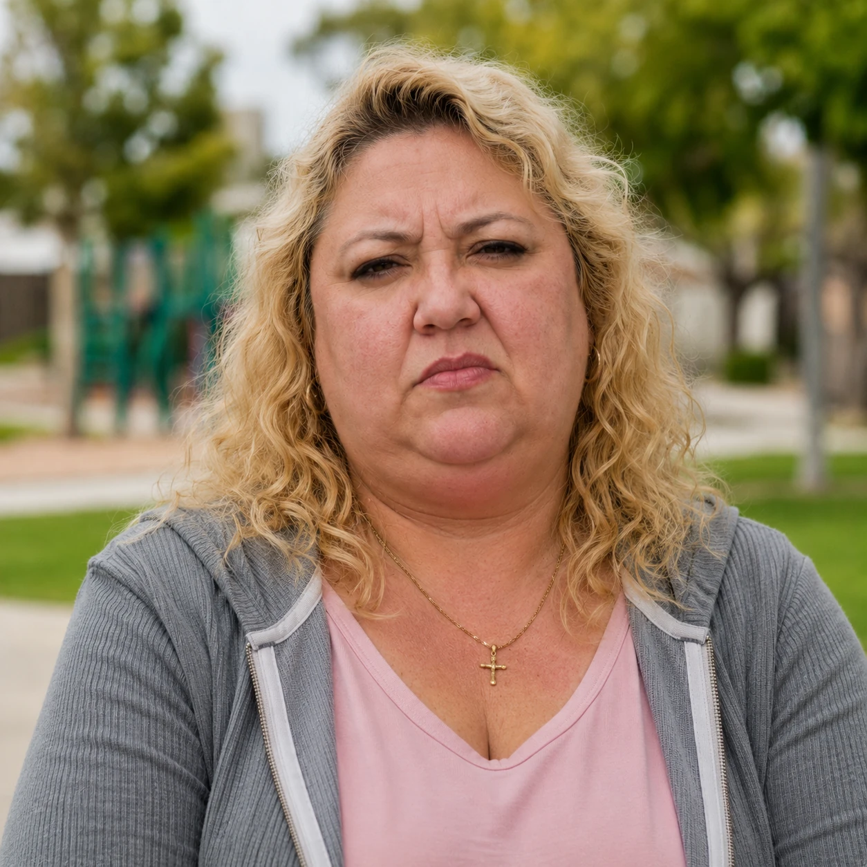 Nora posing for camera, blonde hair, grey vest, pink shirt, necklace with a cross on her neck. Nora is a corpulant woman.