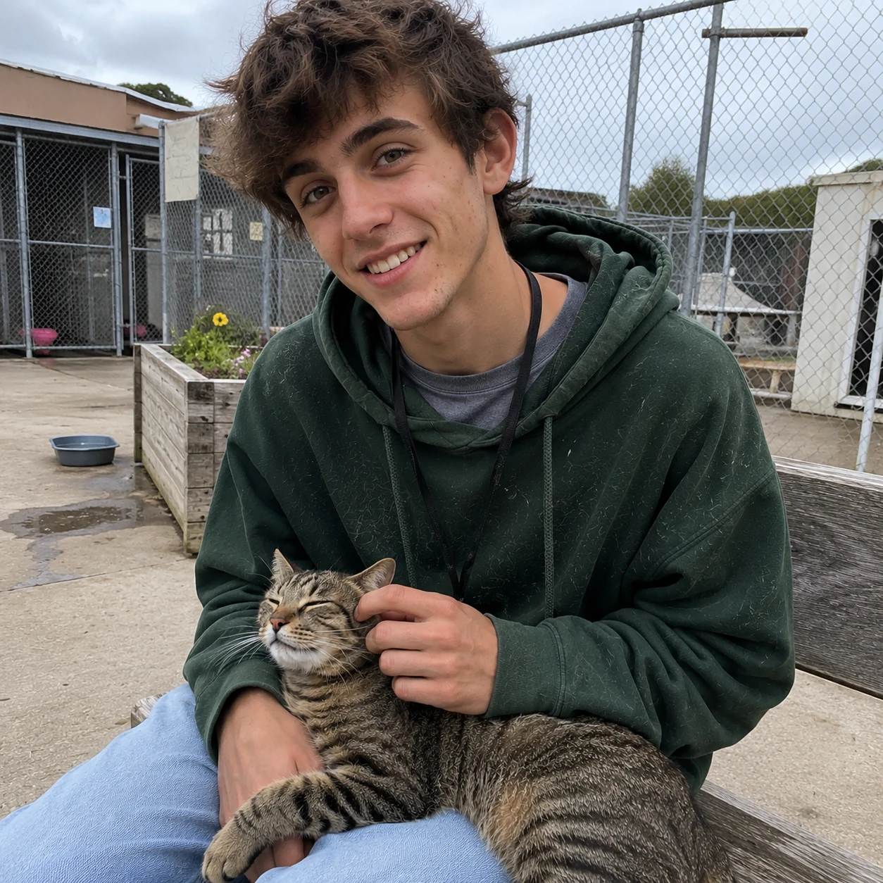 18-year-old man in a green hoodie smiling shyly with a tabby cat on his lap outside an animal facility.