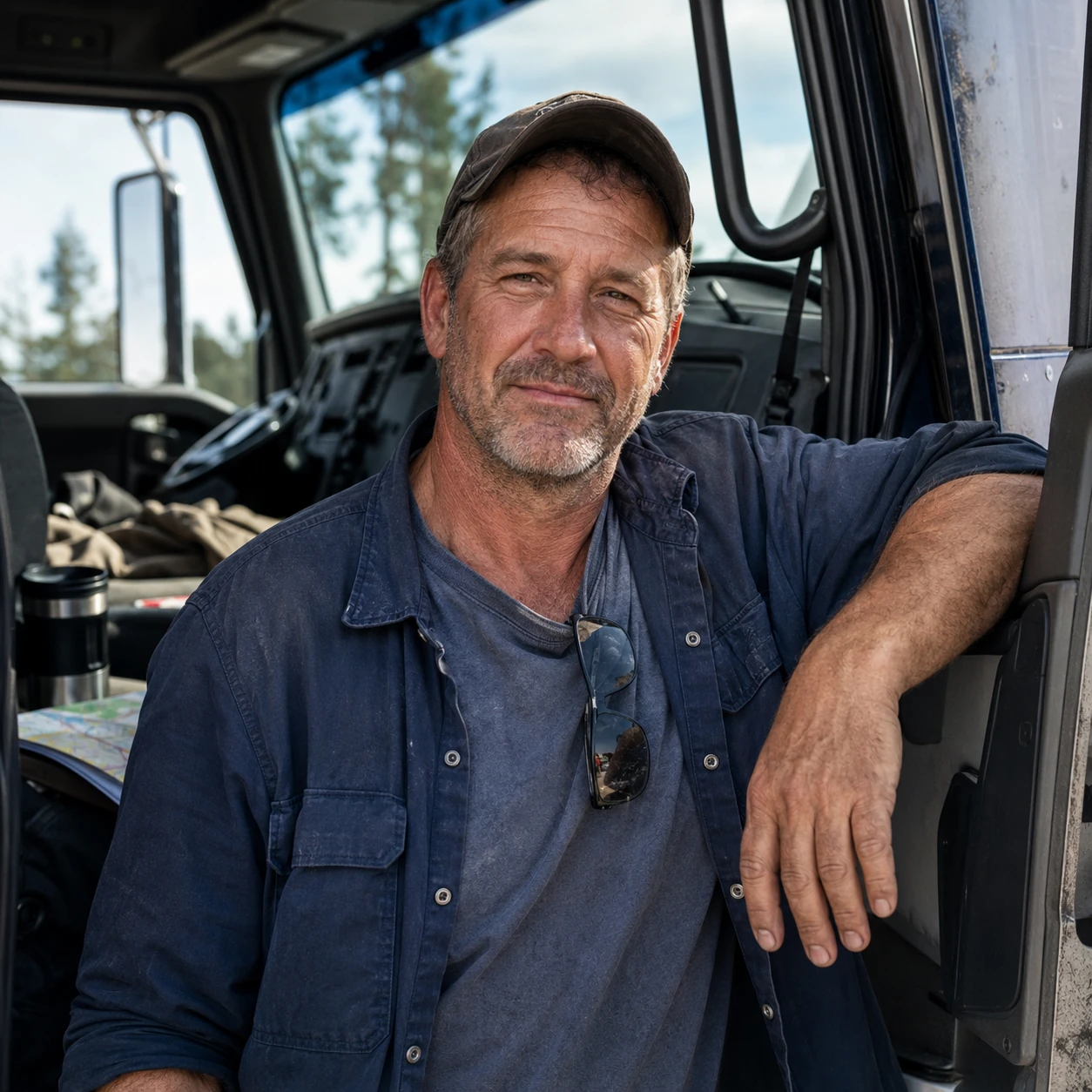 Weathered 50-year-old trucker in a faded work shirt leaning against his semi at a roadside rest stop.