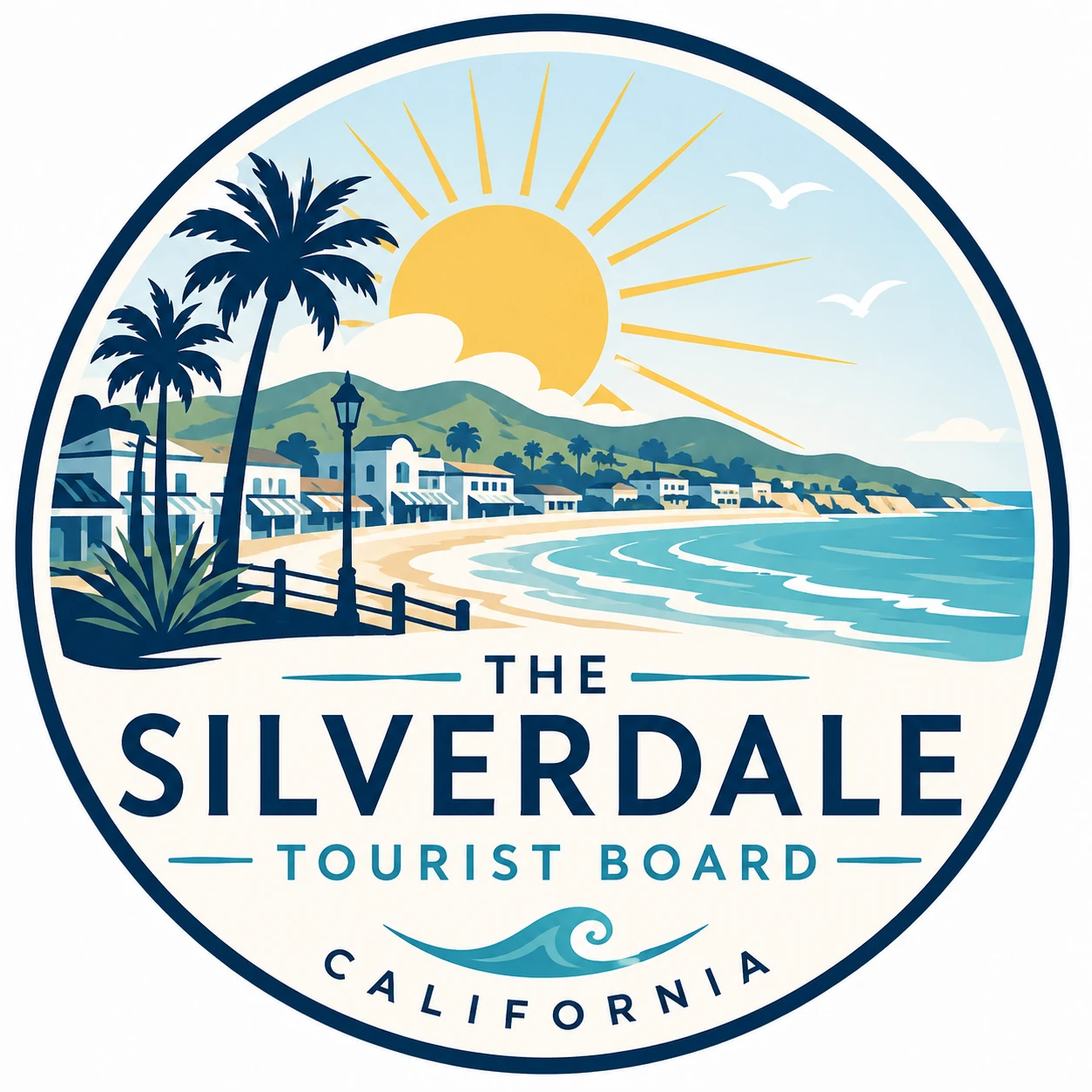 Silverdale Tourist Board logo featuring a sunny California coastal town, with palm trees, ocean waves, a beach and green hills.