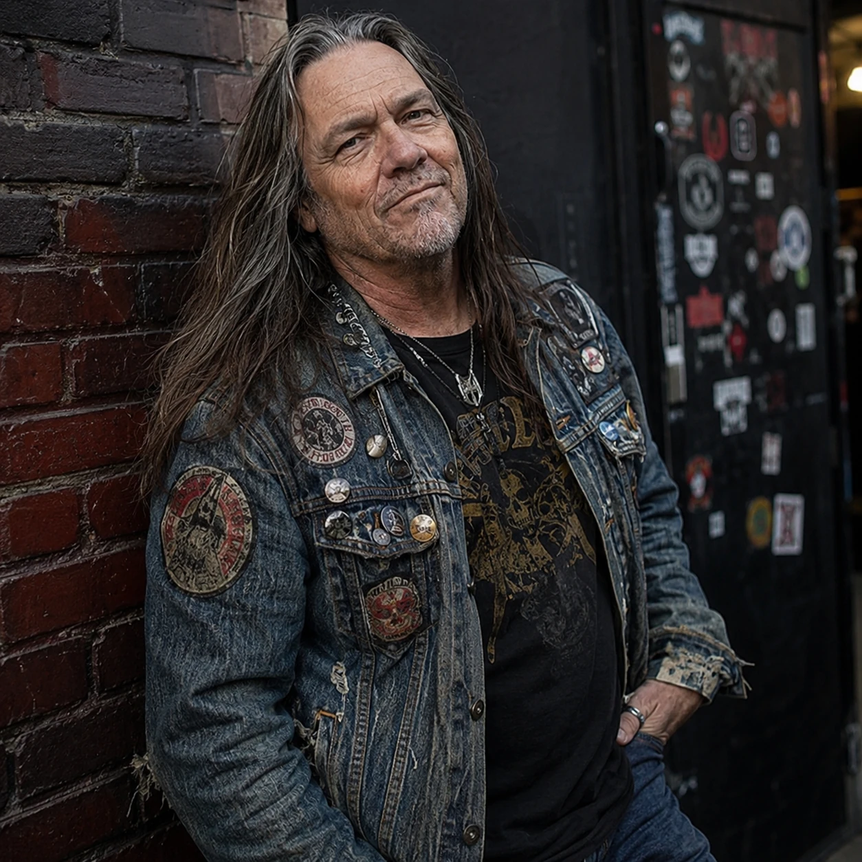 54-year-old long-haired man in a patch-covered denim jacket leaning outside a small music venue.