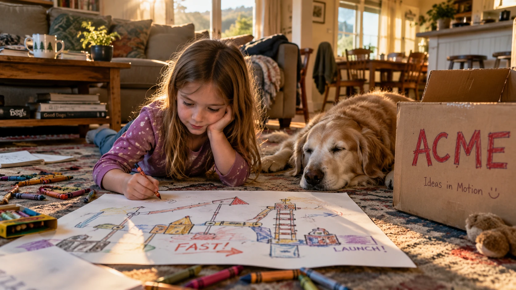 a little girl, drawing a fantasy ACME image