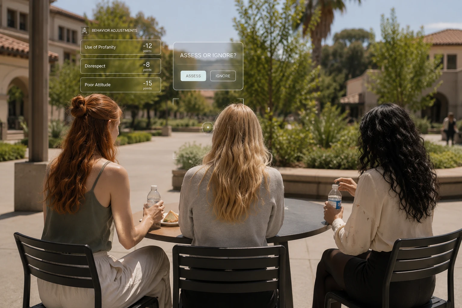 Mary, Theresa and Angel sitting on a campus table during lunch, a visual of their hud is seen in the image
