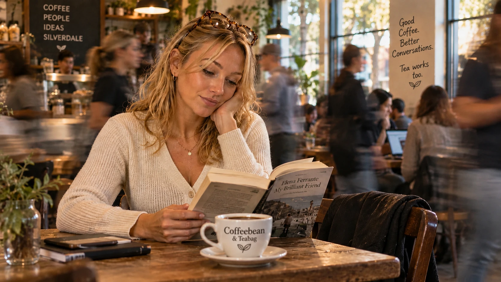 Audrey sits comfortably alone at a table with a cup of coffee, a paperback and her phone.