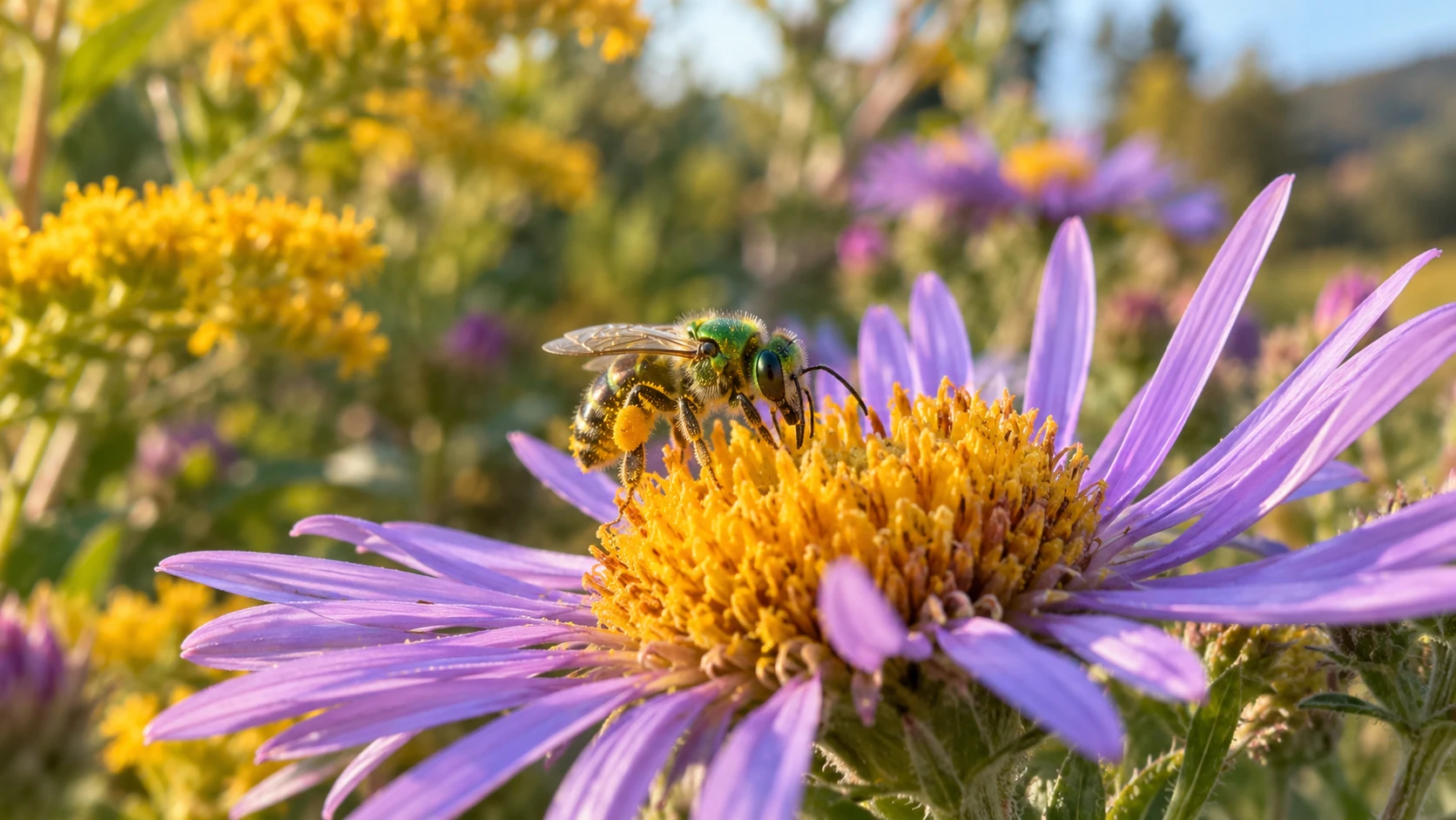 a Little Green Bee on a flower. 