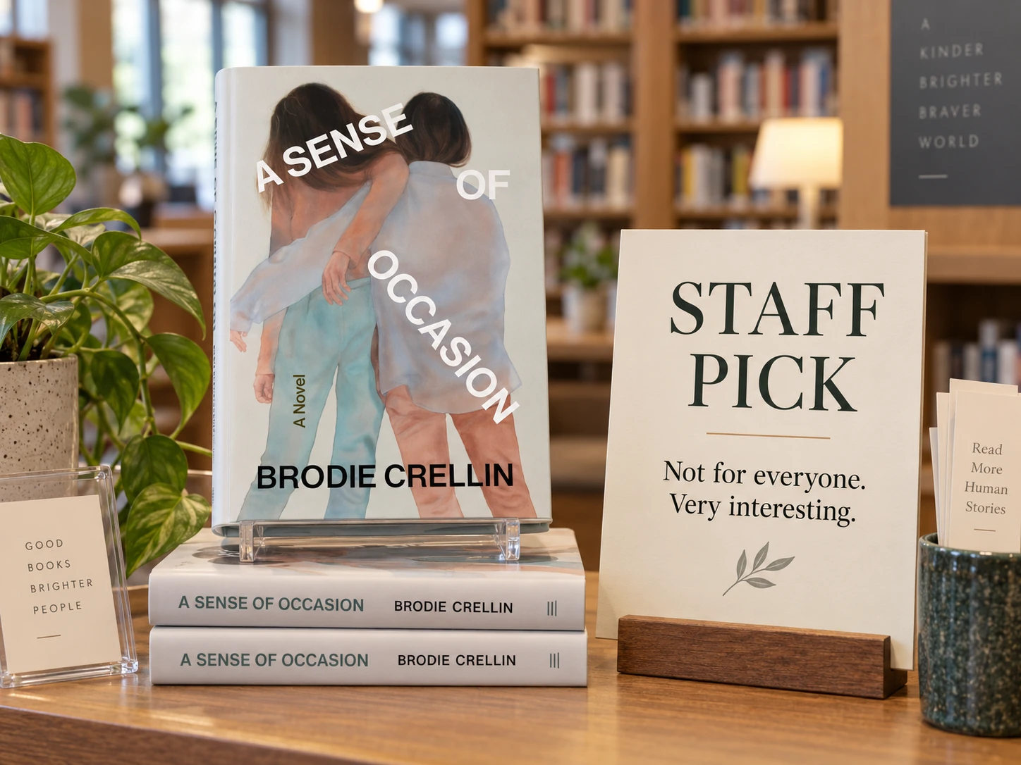 A Sense of Occasion displayed upright at Silverdale Library beside a card reading “Not for everyone. Worth discussing.