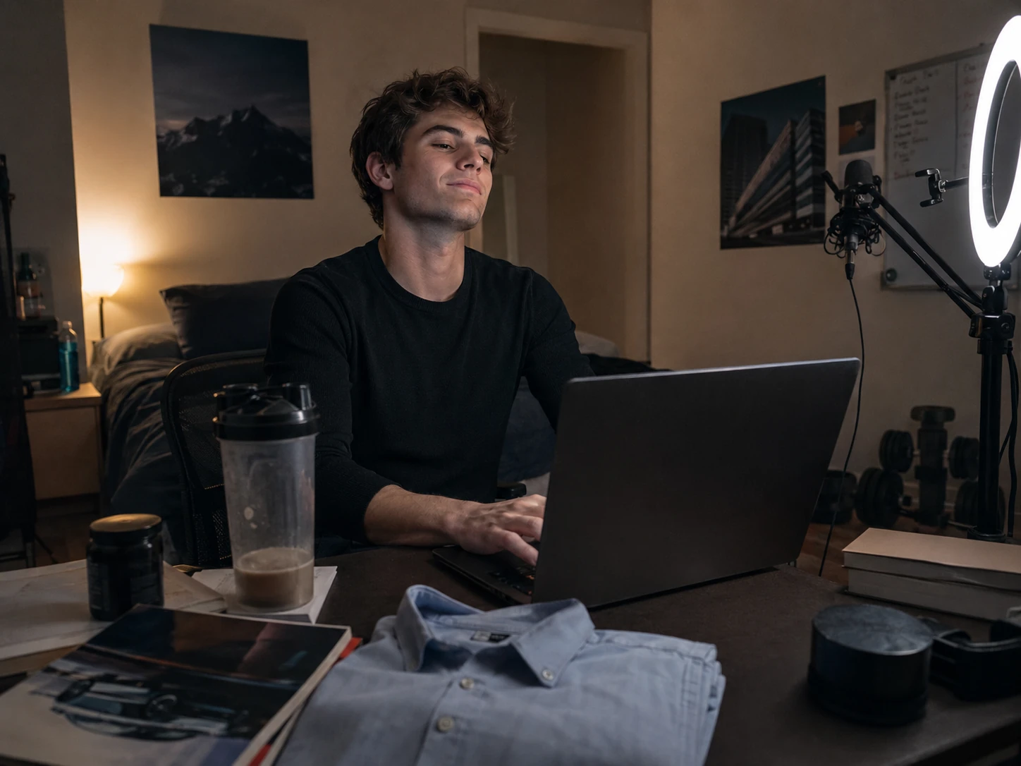 A self-assured male student sits at a laptop in a dim bedroom workspace, with a ring light, microphone, weights and protein shaker nearby.