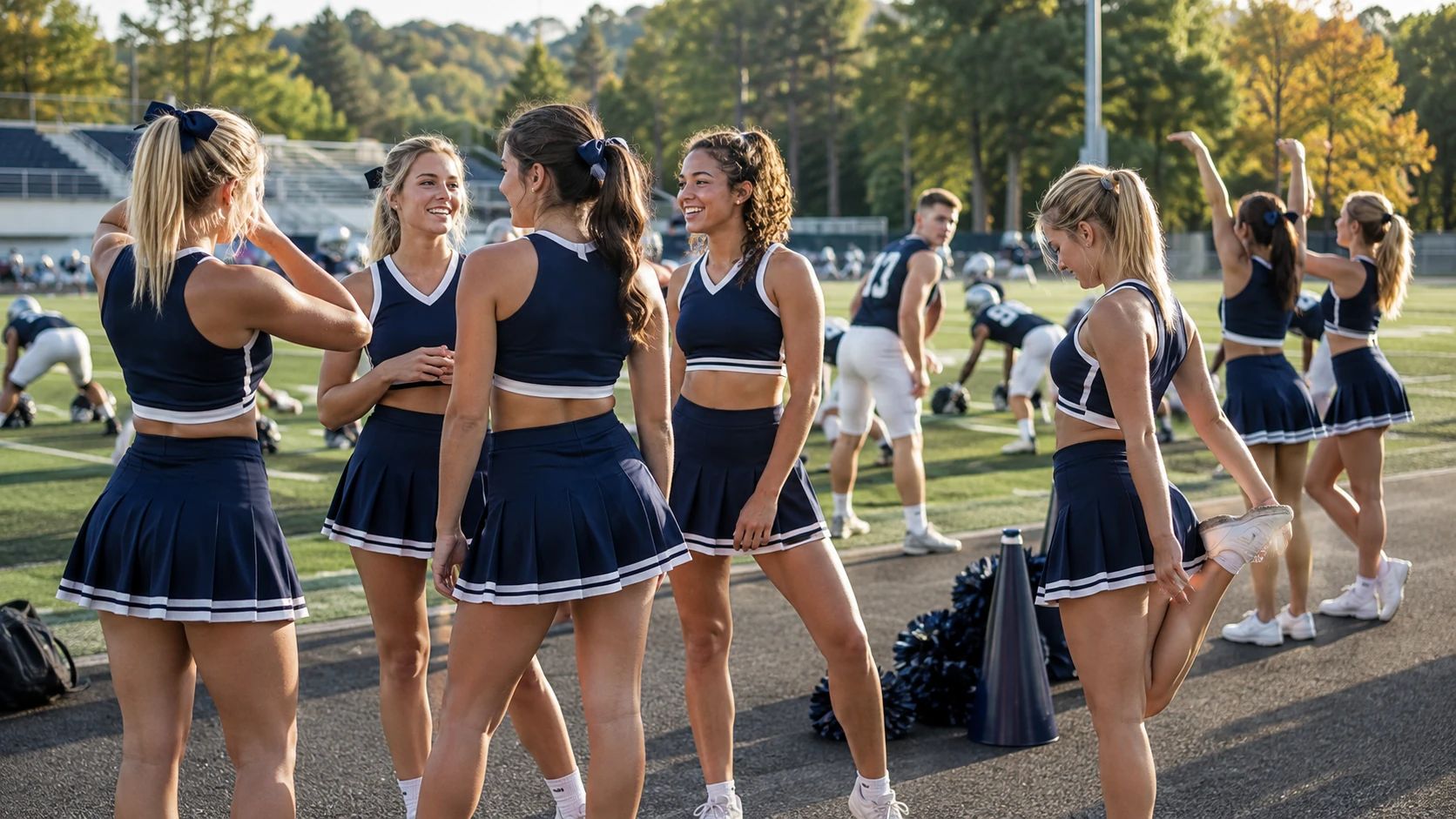 Silverdale University cheerleaders in new navy-and-white uniforms gather on the sideline during football practice while players train on the field behind them.