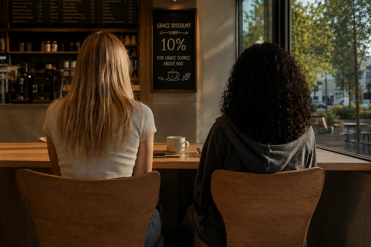 Rear view of Theresa and Angel seated with chai and black coffee beneath a GRACE discount display.