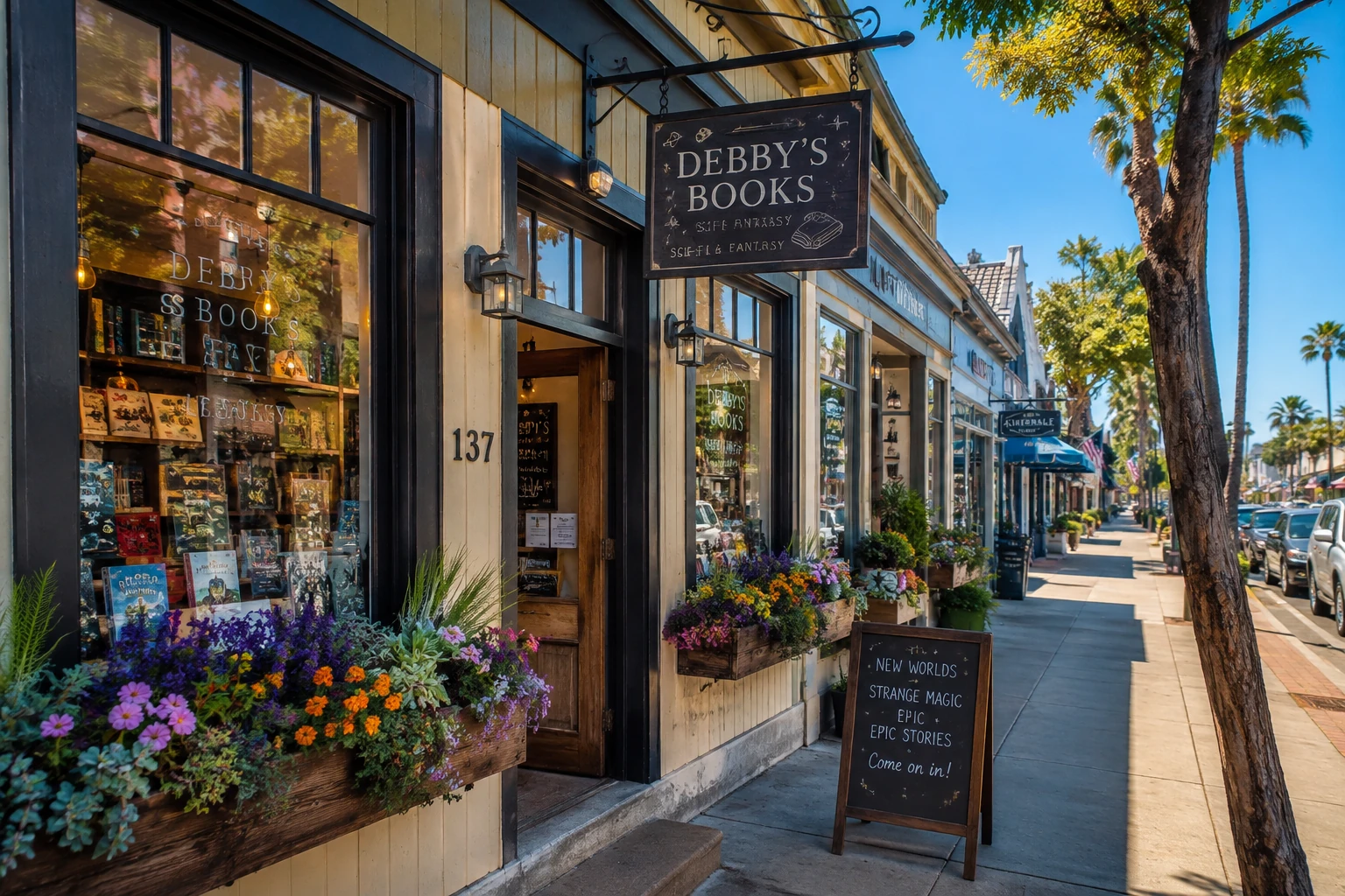 Debby’s Books, a small independent bookstore on Silverdale Boulevard, with flower boxes, books in the windows and a sunny palm-lined California street.