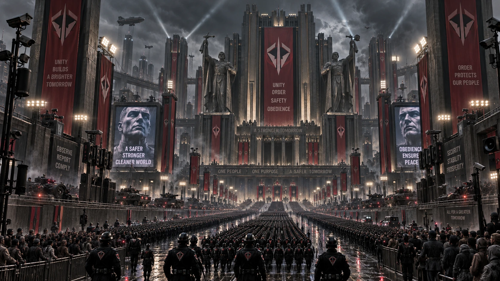 Black-uniformed soldiers march beneath enormous red banners toward a triangular government headquarters while a smartphone stands on a pedestal in the center of the plaza.