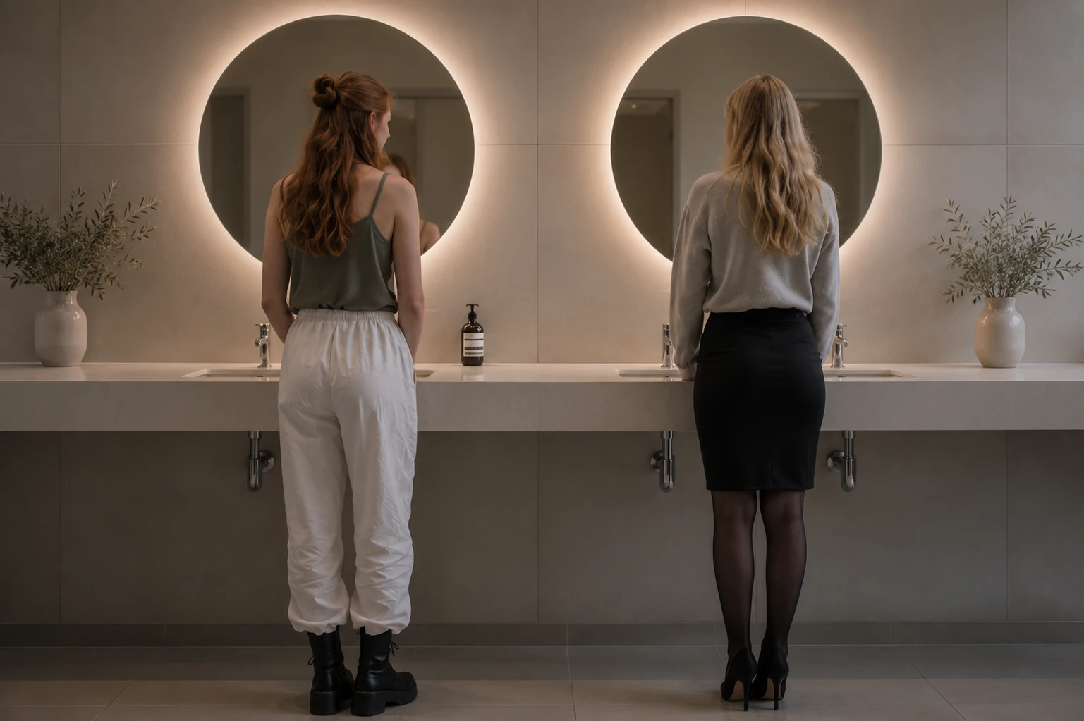 An empty, cool-lit restroom with a spotless mirror, soap dispenser, and neatly folded paper towel in the wastebasket.