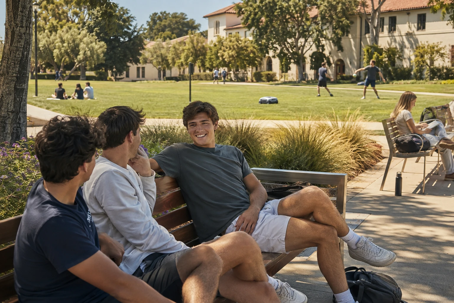 Mary, Theresa and Angel talking on a sunny university lawn near groups of students