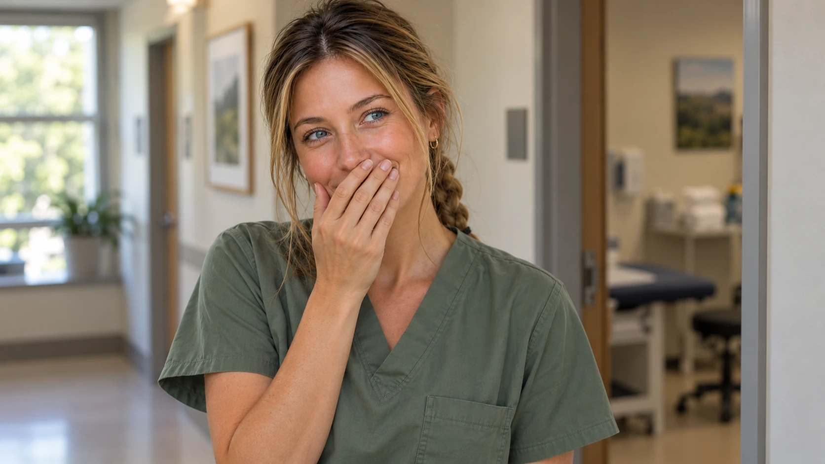 Hannah Hayes stands in a rehabilitation clinic hallway in sage-green scrubs, covering her mouth as she suppresses a laugh.