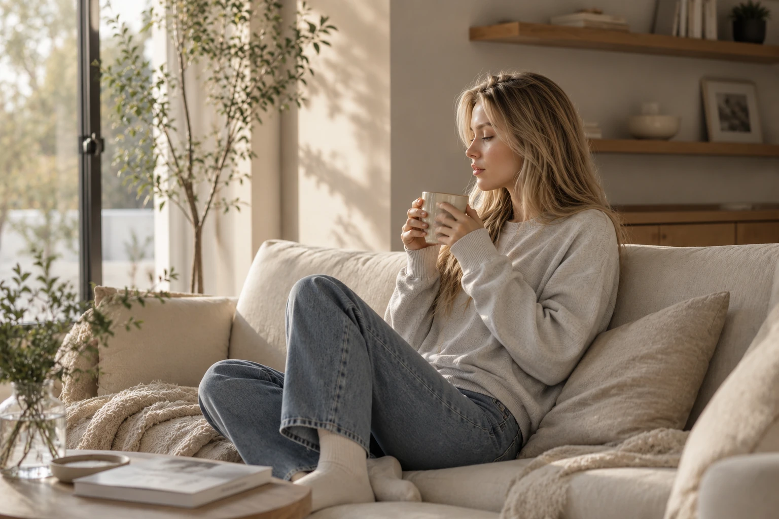 Theresa, sitting on the couch with a cup of tea. In thought