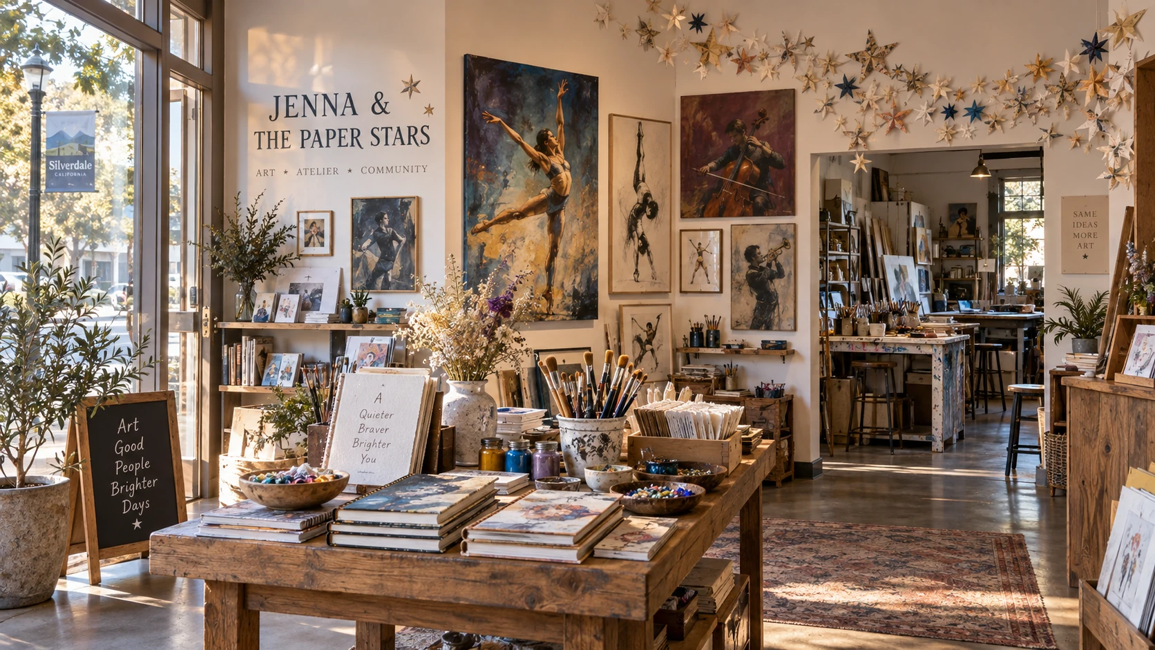 Art supplies and paintings of figures in motion inside a warm Silverdale atelier decorated with handmade paper stars.