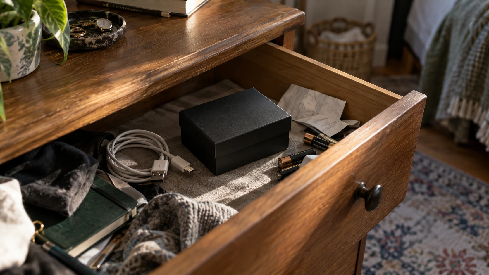 A small matte-black box sits in a partly open wooden drawer beside a charging cable and household batteries.