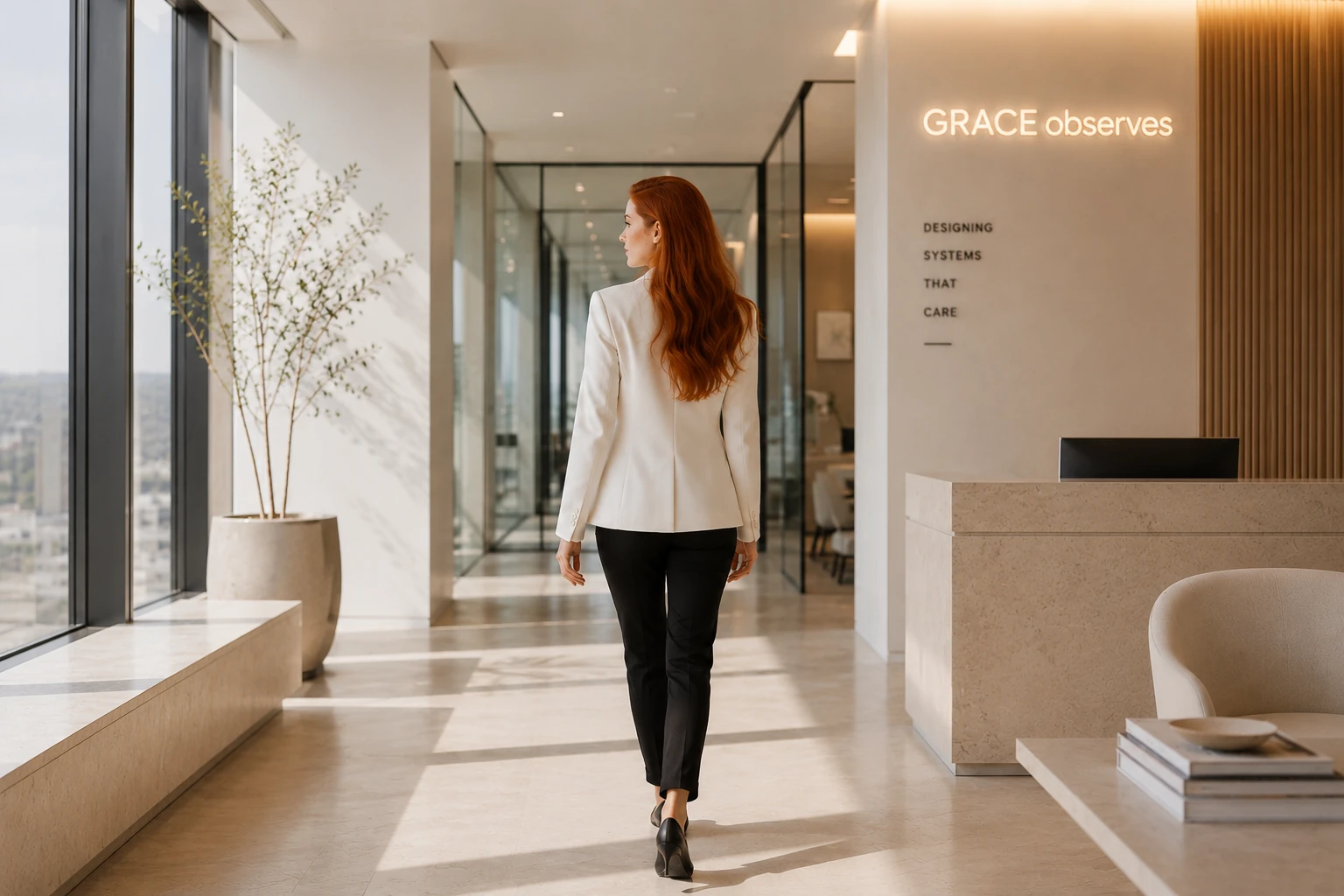 Mary walking down the offices of the GRACE campus
