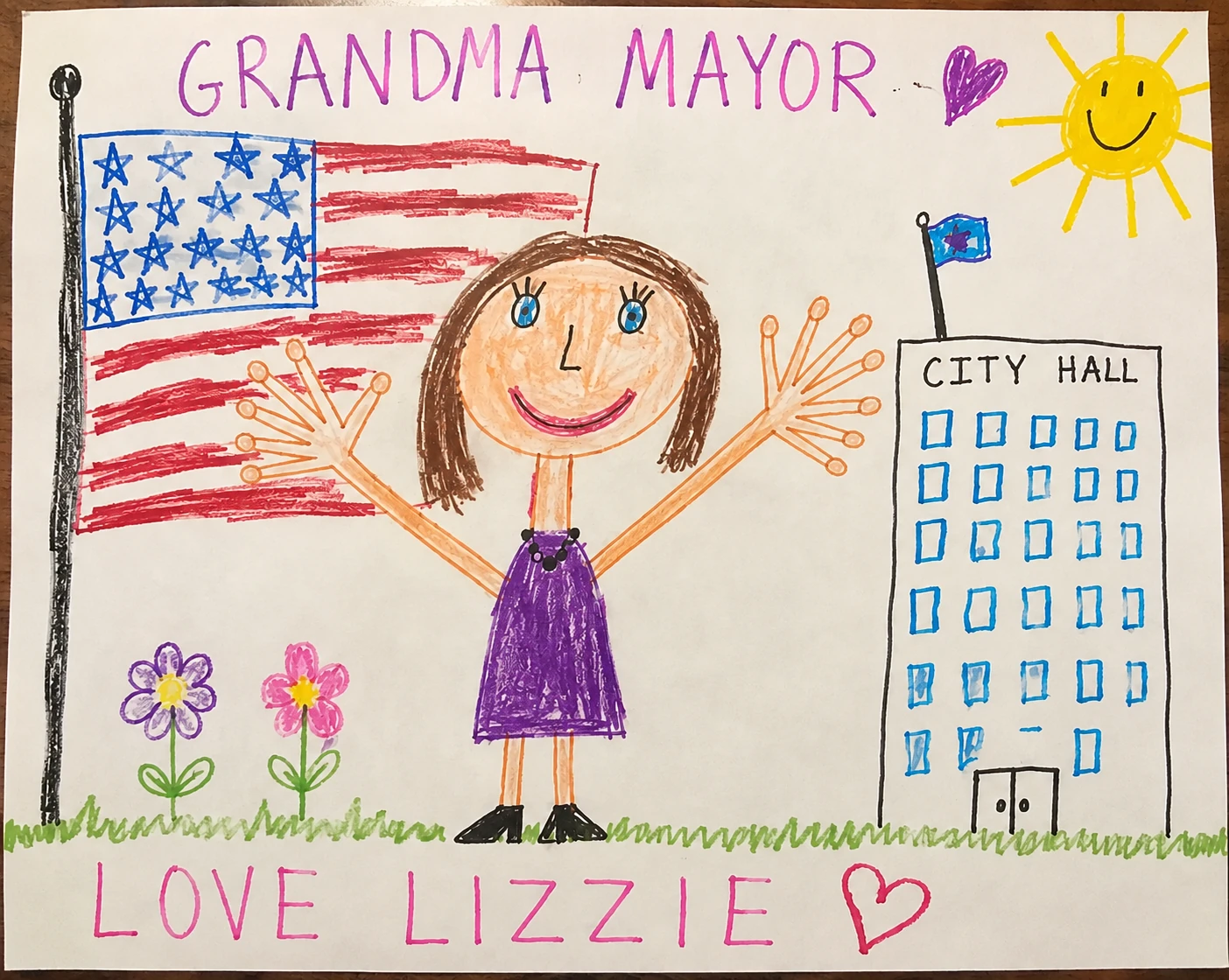 a drawing of mayor Whitmore in front of the city hall with a total of 13 fingers
