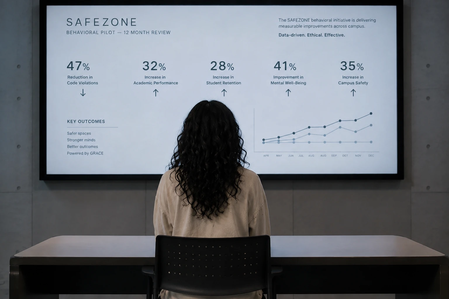 Angel sits with her back to the camera before a glowing campus behavioral-pilot presentation.