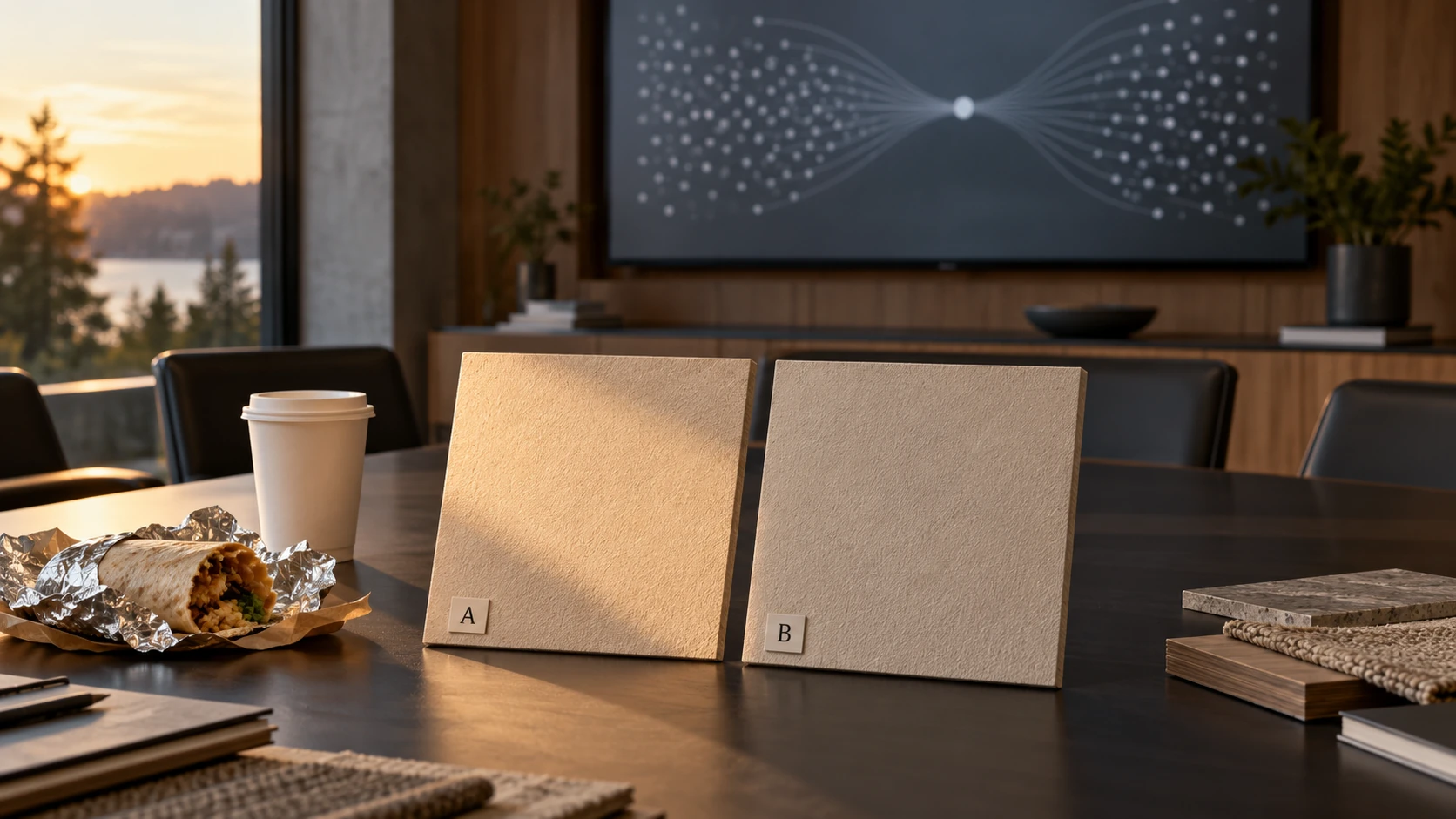 Two beige wall-finish samples under different lighting on a GDT meeting table beside a partly unwrapped burrito and coffee cup.
