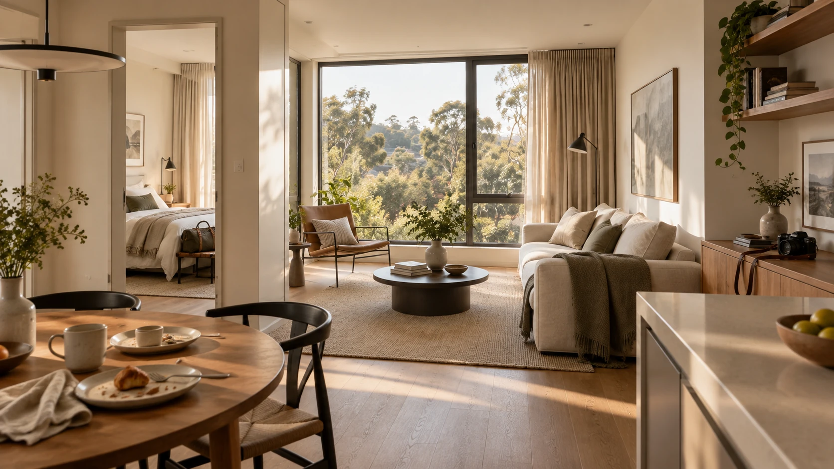 Two coffee mugs on a breakfast table in a bright apartment, with built-in cabinets and an open doorway to a neatly prepared guest bedroom.