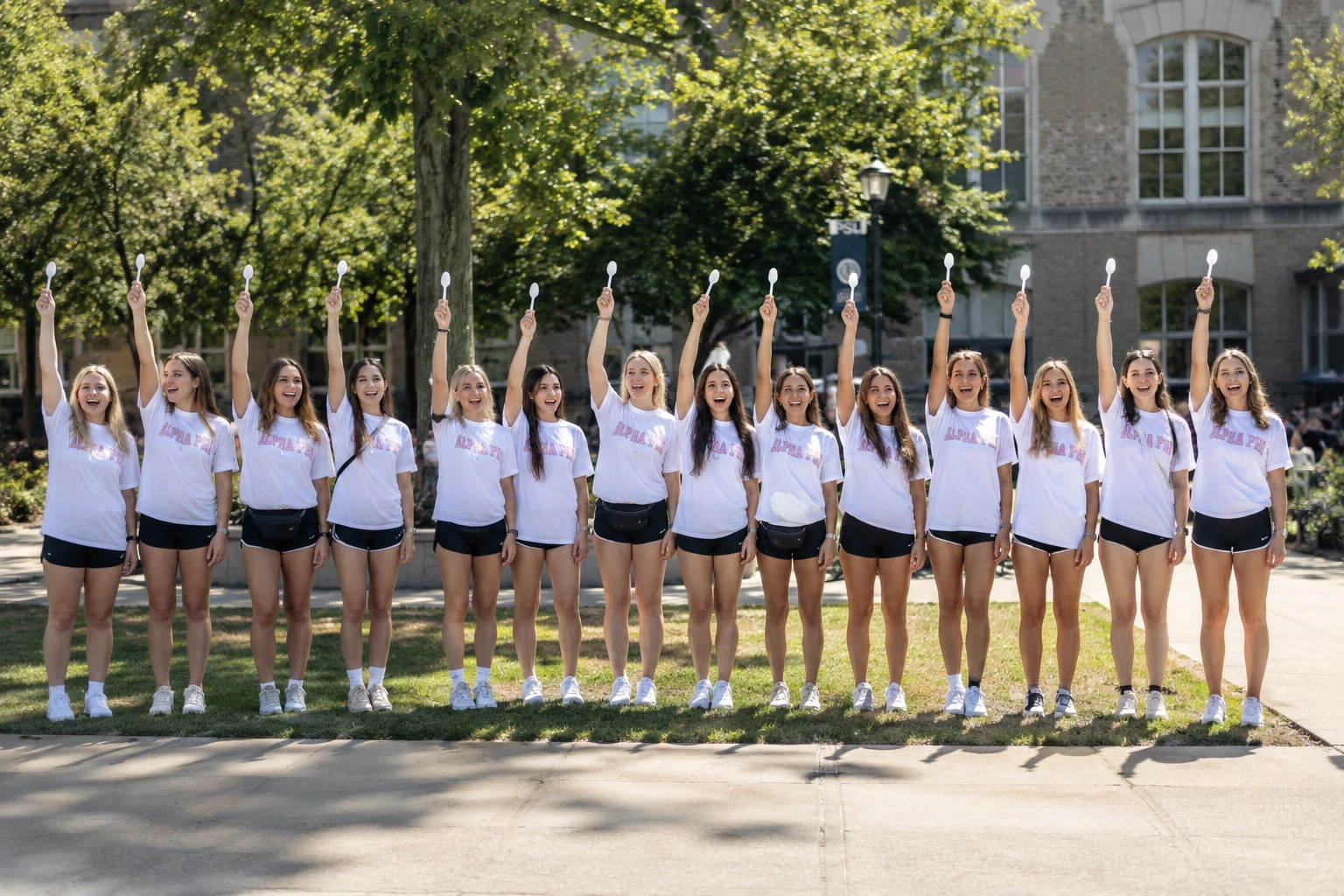 A group of female university students in matching white T-shirts standing together on campus and holding white plastic spoons above their heads.
