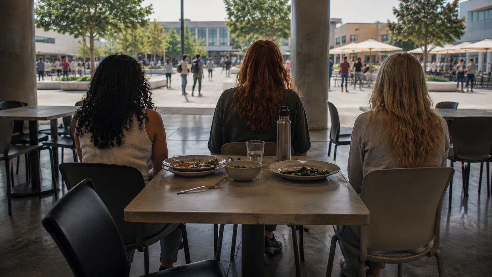 A cafeteria table with three unfinished lunches, a chair pushed back, and a GRACE score warning on a nearby display.