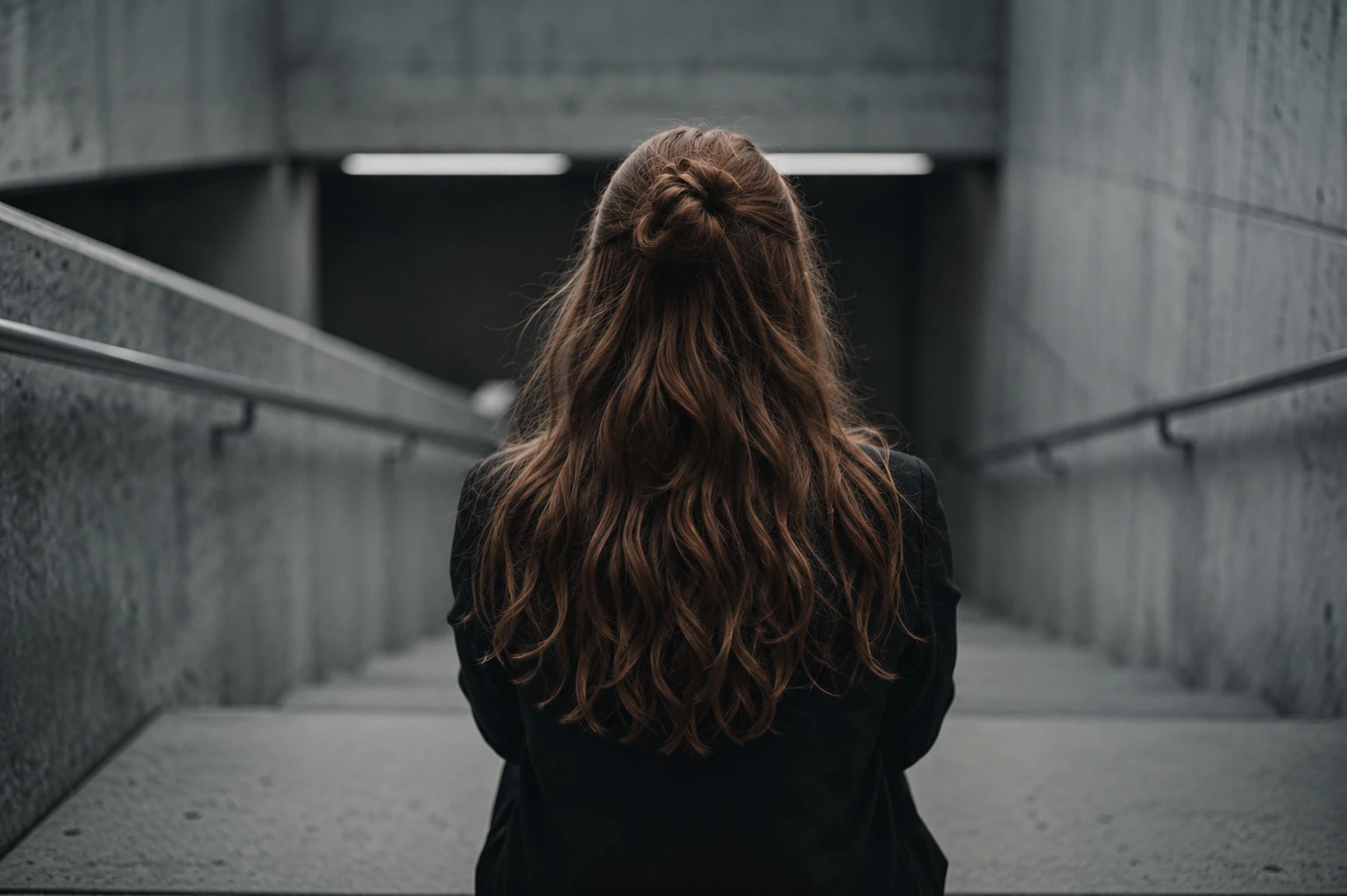 Rear view of Mary, Theresa, and Angel sitting close together beneath concrete rooftop stairs as Theresa rests a hand on Mary’s shoulder.