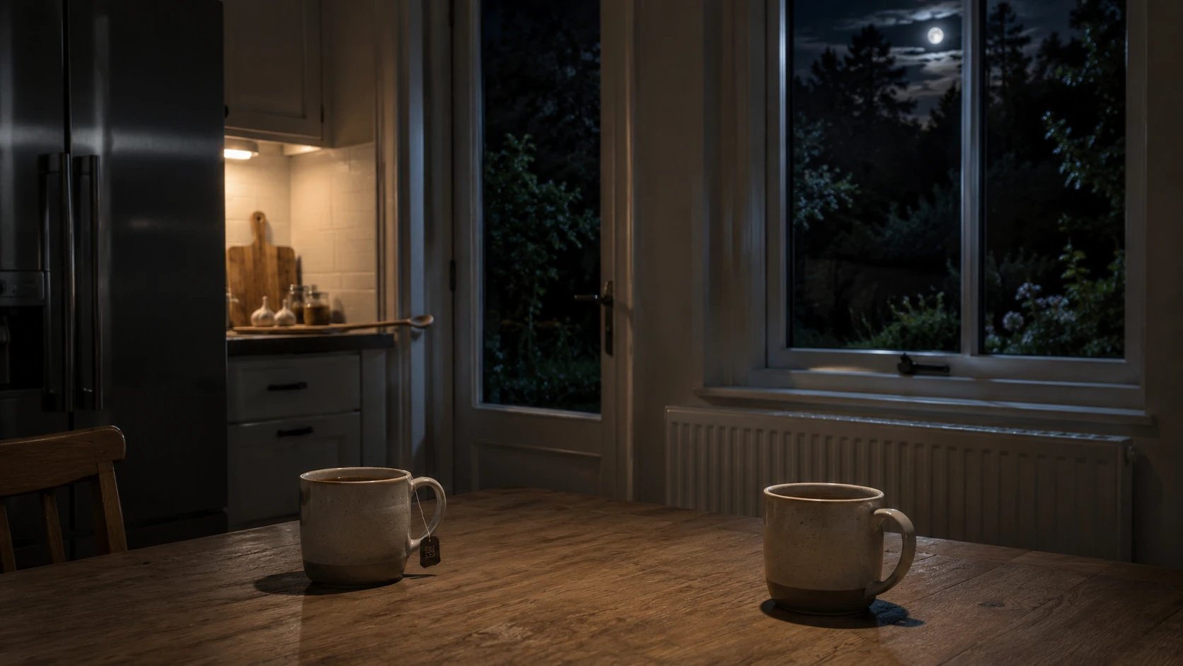 Two mugs of tea on a quiet kitchen table beside windows overlooking a moonlit garden.